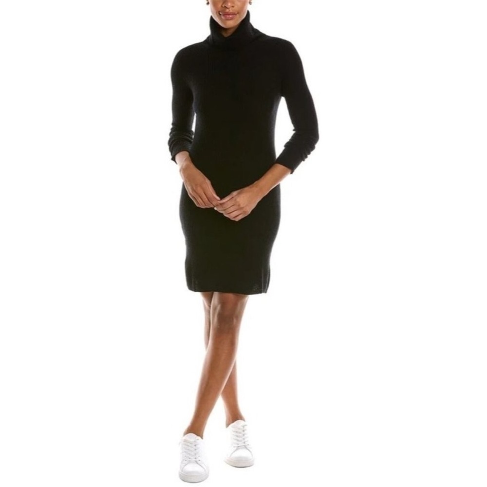 Qi Cashmere Black Ribbed Bodycon Cowlneck Turtleneck Knit Dress size M